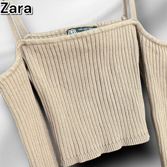 Preowned Zara Tan Long Sleeve Cold Shoulder knit ribbed Crop Top - Small - Picture 4 of 7